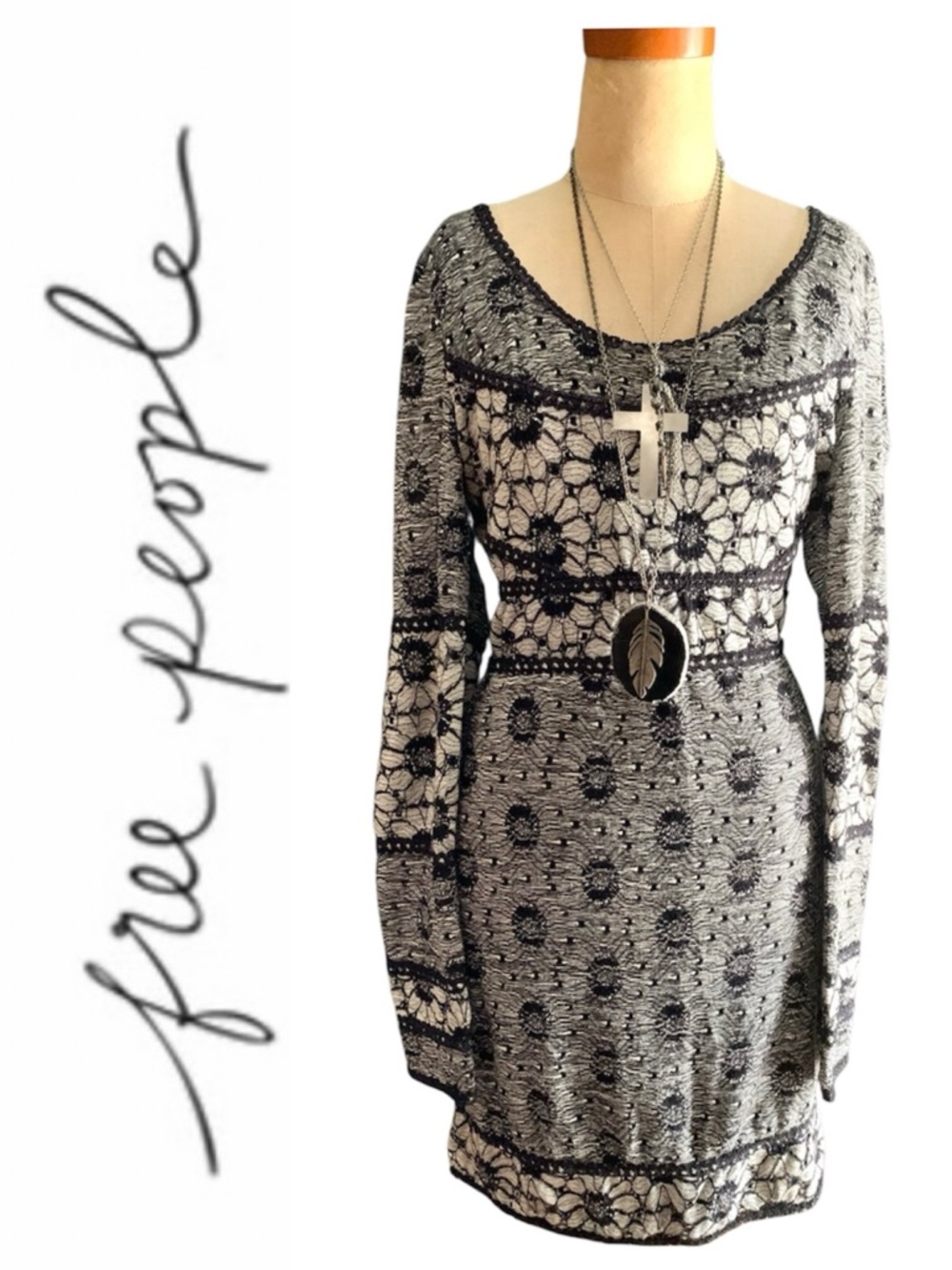 Free People Black & White Long-Sleeve Crochet-Pattern Dress